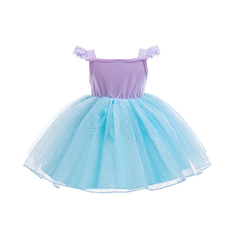 Girls' Mermaid Princess Beaded Lace Dress: Cosplay Costume with Puff Sleeves for First Birthday