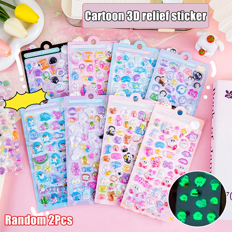 2 Sheets Kawaii Decor Sticker Cute Cartoon Luminous 3D Stickers Diy Phone Luggage Motorcycle Laptop Suitcase Decals
