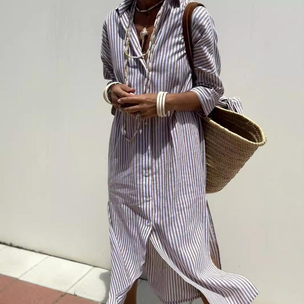 Autumn Five Quarter Sleeve Striped Two Side Slit Shirt Dresses with Lapel Long Women's Dresses