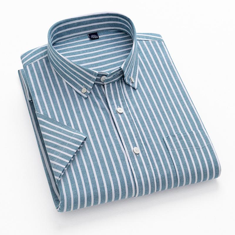 Men's Summer Striped Short-Sleeve Cotton Shirt with Turn-Down Collar