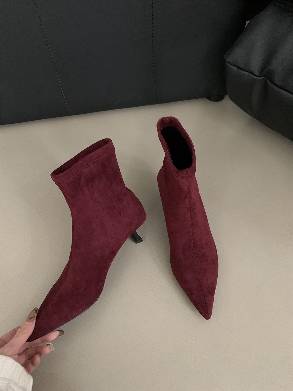 

Модные женские сапоги-носки с острым носком, новинка 2024 года, тонкие туфли на среднем каблуке, черные, бежевые, коричневые, красные, слипоны, носки, эластичные, размер 35-39 245 красный