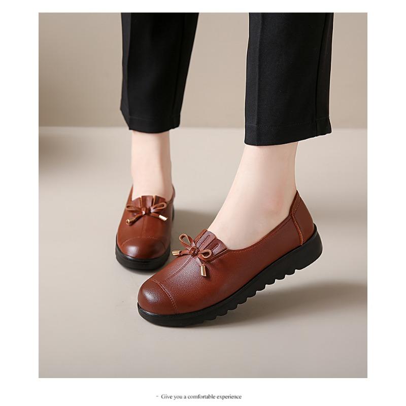 Women's Leather Slip-On Loafers Comfortable Thick Sole Casual Shoes with Bow Detail