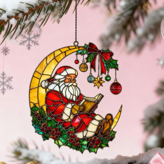 Cozy Santa Reading On Moon Suncatcher Christmas Stained Glass Look Window Hanging Ornament with Berries Bow for Holiday Window Wall Decor