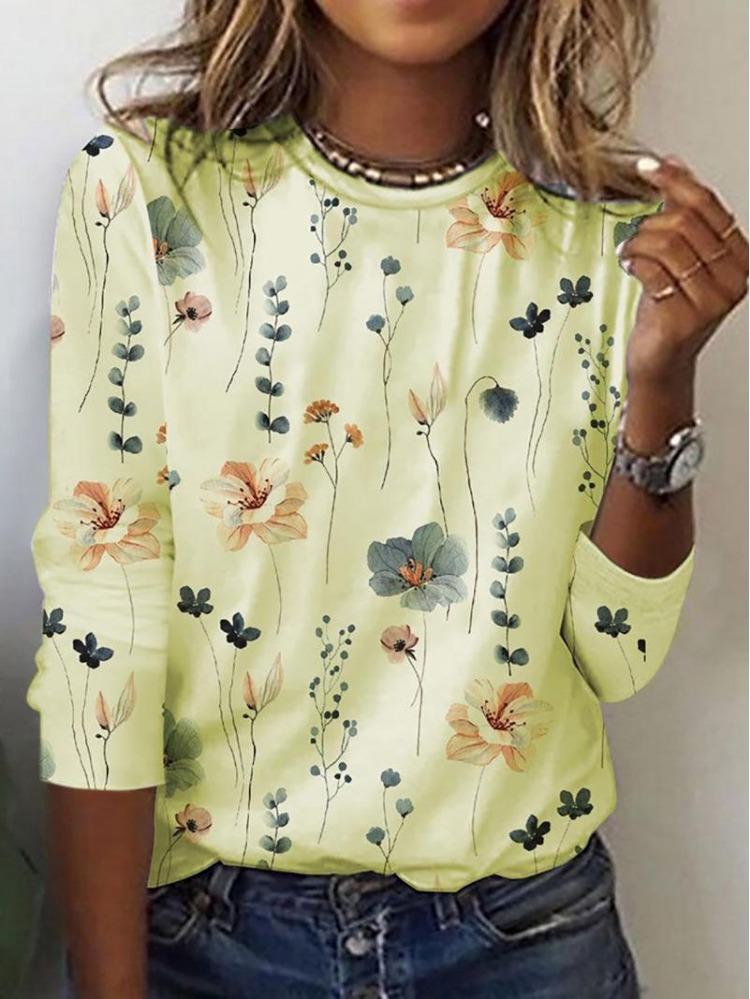 Fashion Women Long Sleeve Cross Border Floral Print Trendy T-Shirt European American