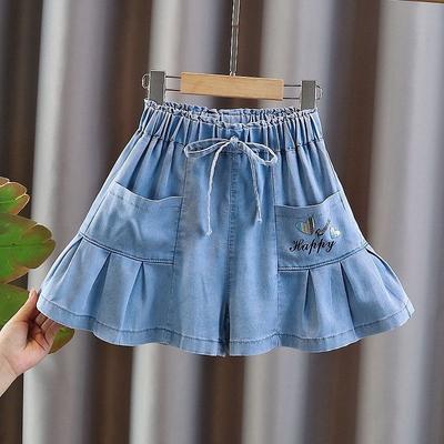 Girls' Summer New Denim Shorts Girls' Casual Pleated Skirt Pants Medium and Large Children's Outerwear Pants Skirt