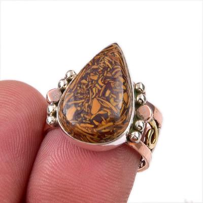 Natural Maryam Jasper Gemstone 925 Solid Sterling Silver Two Tone Ring S.7 h4Q48