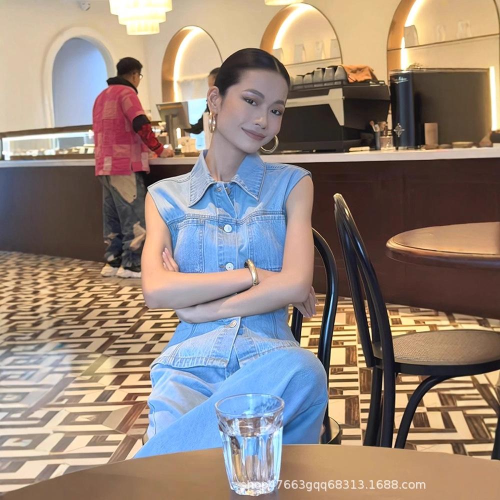 American High-end Denim Suit Autumn New Lapel Sleeveless Vest Top Casual Wide-leg Pants Women's Two-piece Set