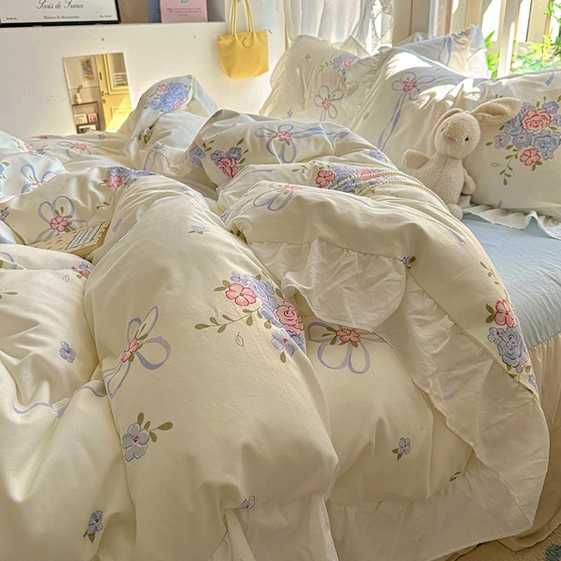 Small Fresh Pure Cotton Four-piece Set Lace Korean Version Princess Style Washed Cotton Bed Skirt Quilt Cover Cream Style Bedding
