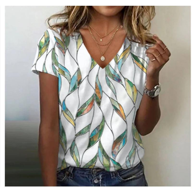 Summer Casual V-Neck Rainbow Printed Short Sleeve Women's T-Shirt Top