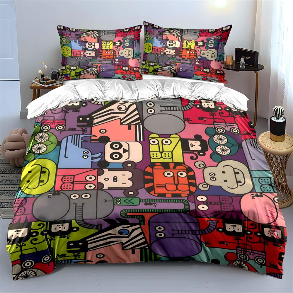 Cartoon Animal Puzzle Design Printed Duvet Cover Set 1 Duvet Cover+2 Pillowcasemulti Size Bedroom Bedding Decor Luxury Gifts