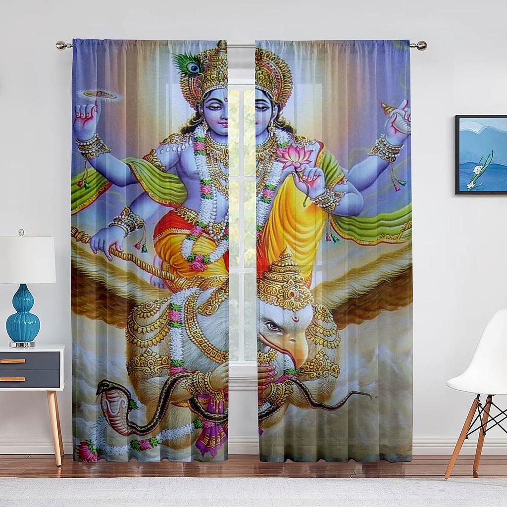 Lord Vishnu On Cloud Tulle Curtains Indian Hindu God Goddess Window Sheer Voile Curtain for Living Room Bedroom Kitchen Decor