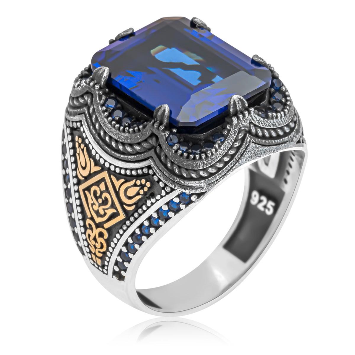 

Квадратное мужское кольцо из стерлингового серебра 925 пробы с голубым камнем 17