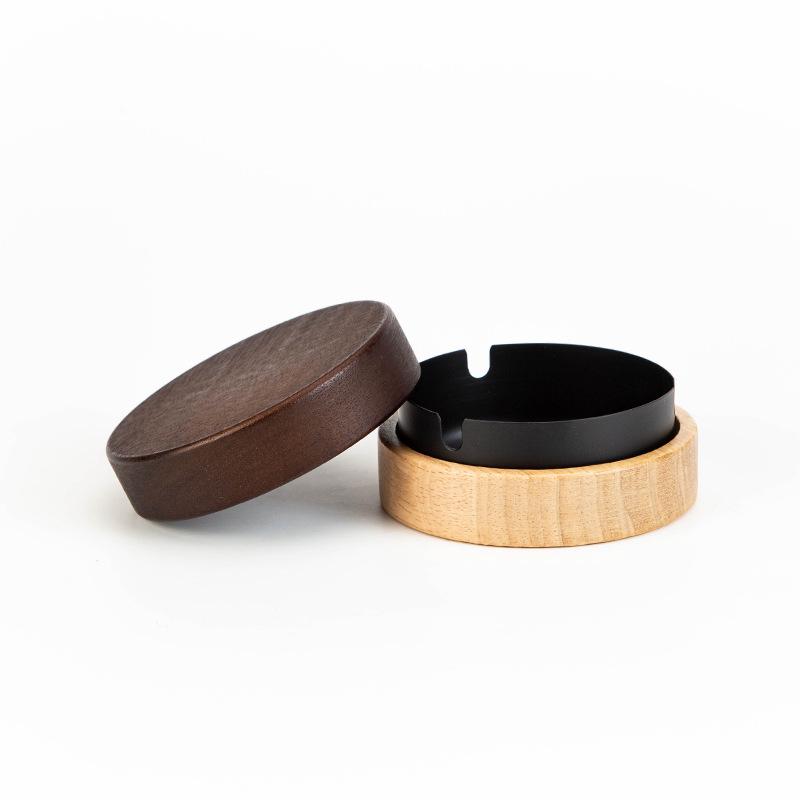 Walnut Wood Ashtray with Lid - Stainless Steel, High-End Design for Home or Office Use, Anti-Ash Flying