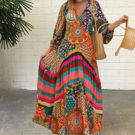 V-Neck Lantern Sleeve Pleated Maxi Dress Retro Ethnic Print Large Hem Beach Long