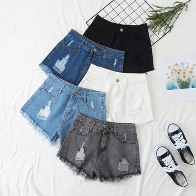 Damen Jeans-Shorts, hohe Taille, lockere Passform, Knopf, Reißverschluss, zerrissenes Loch, A-Linie, Übergröße, Taschen, kurz