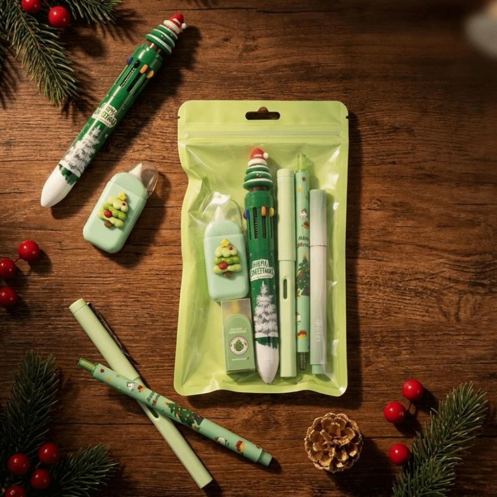 6Pcs/Set Cartoon Christmas Stationery Set 10-color Ballpoint Pen Highlighter Pen Student Tools Gift Kit Correction Tape