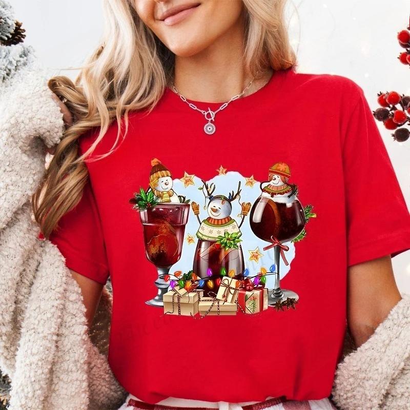 Lumières de Noël Verre à Vin Rouge T-shirt Femme Mode Fête de Noël Tops Harajuku Esthétique Décontractée Hauts de Fête pour Femmes
