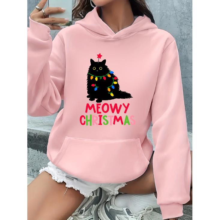 Soft & Cozy Christmas Cartoon Cat Hoodie, Casual Pullover Sweatshirt with Kangaroo Pocket & Stretchy Knit Fabric - Festive Holiday Top for Adults