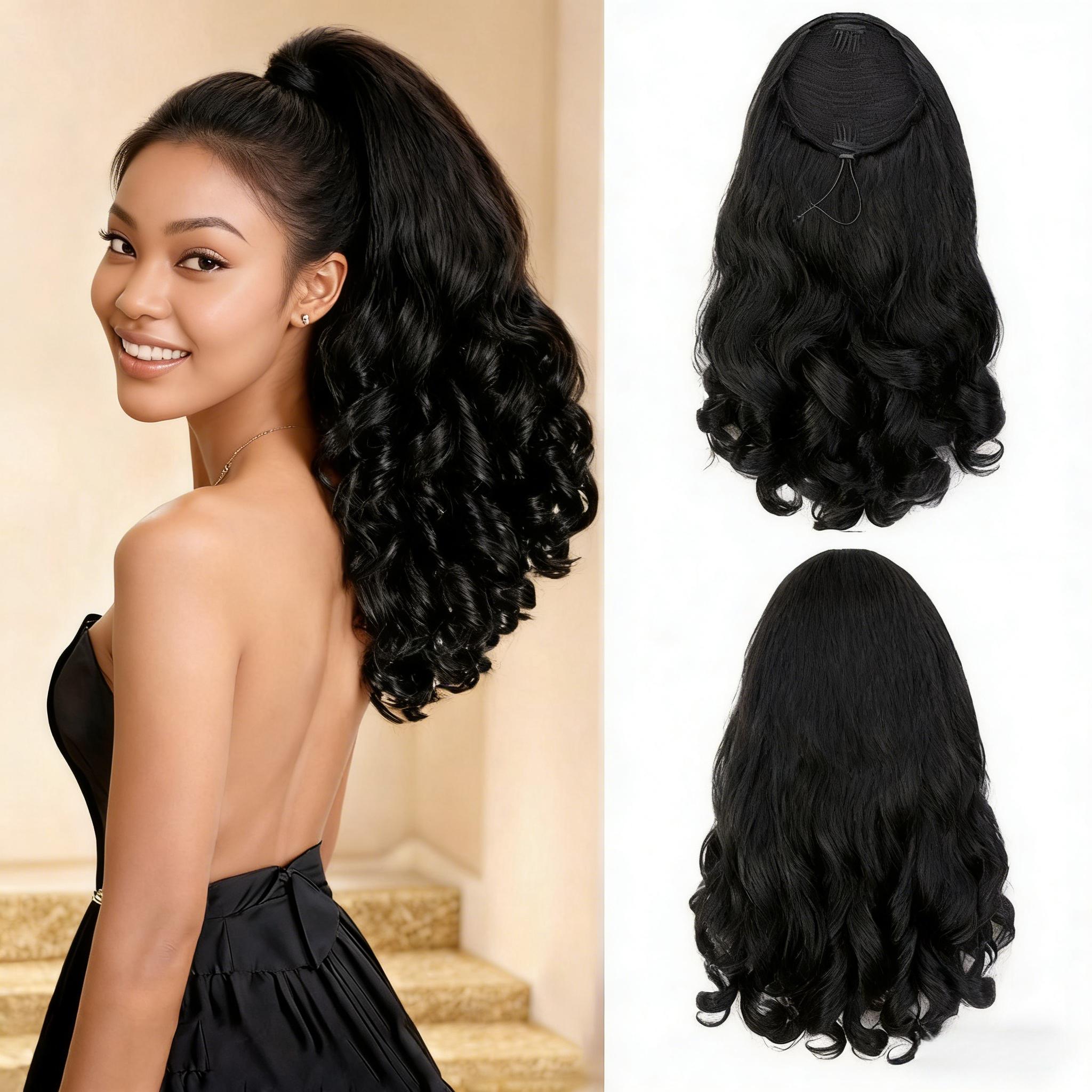 

Synthetic Hair, Roman Curls, Fashionable Ponytail, Artificial Hair, Black Curly High Ponytail, Interpretation of Retro Elegance, Natural Artif 16inches&1pc