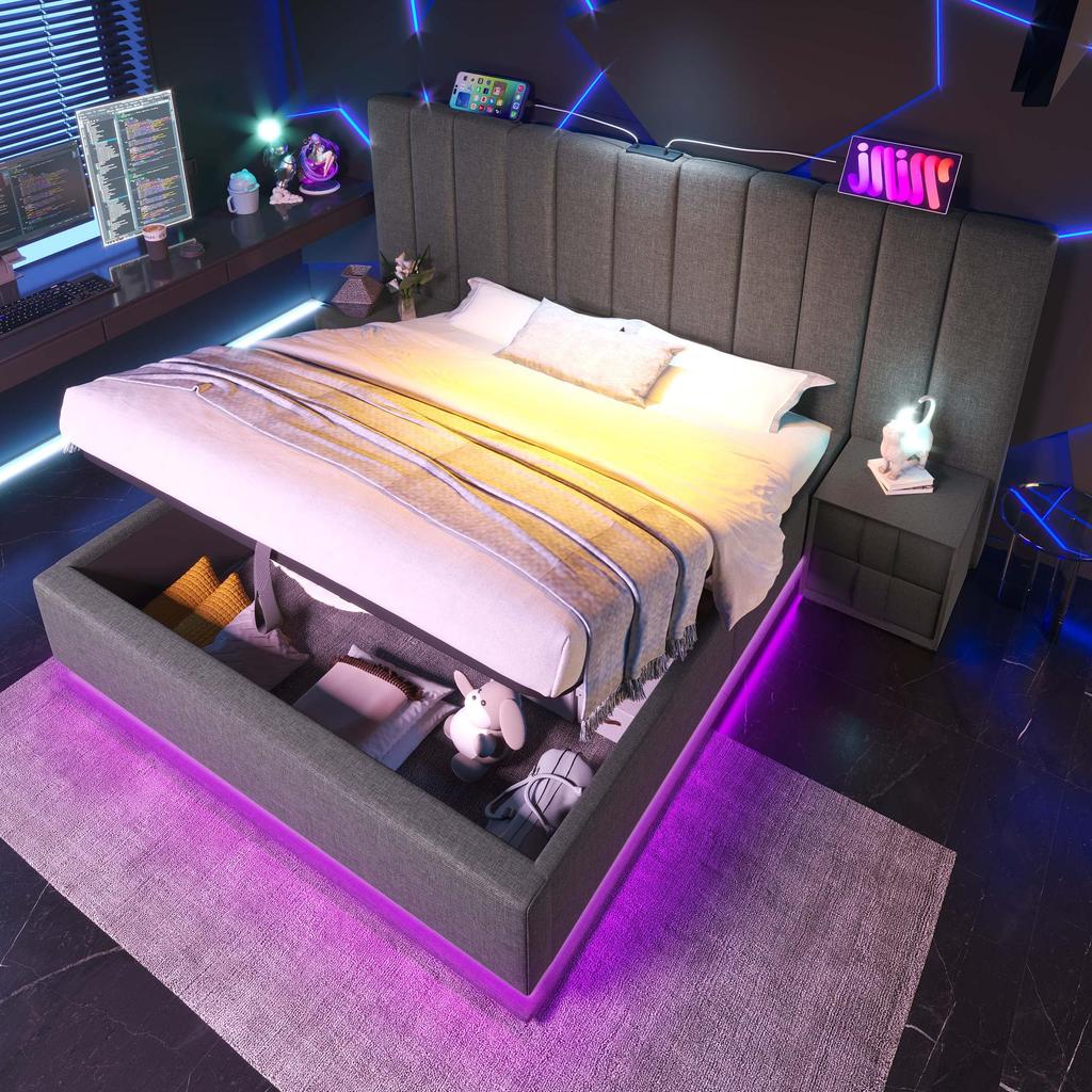 Upholstered Bed 160x200cm, Hydraulic Double Bed LED USB-C, Storage Bed Box, Widened Headboard, Slat Frame, Linen Beige, Without Mattress