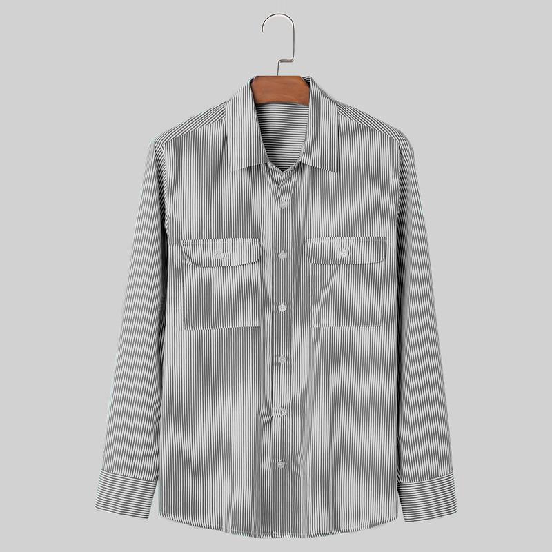 

INCERUN Мужские офисные рубашки на пуговицах с длинным рукавом, полосатые топы L чёрный