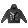 DTG Print Knitted Denim Zip-Up Hoodie Angel Streetwear Brother Print Zipper Hoodies  