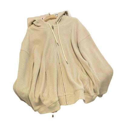 Moletom com Capuz Padrão Waffle Feminino Outono Novo Solto Emagrecimento Design Único Jaqueta Primavera Verão Cardigan com Zíper