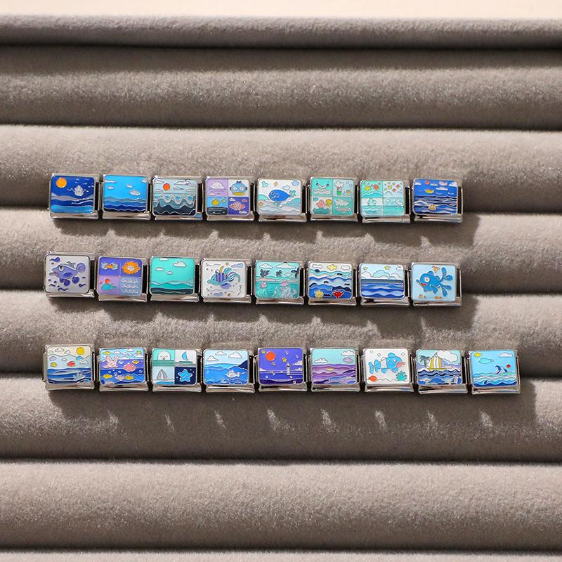Blue Sea Waves Sun Moon Plane Seabed Star Butterfly Beads Fit 9mm Italian Charm Links Bracelet Stainless Steel DIY Jewelry Gifts