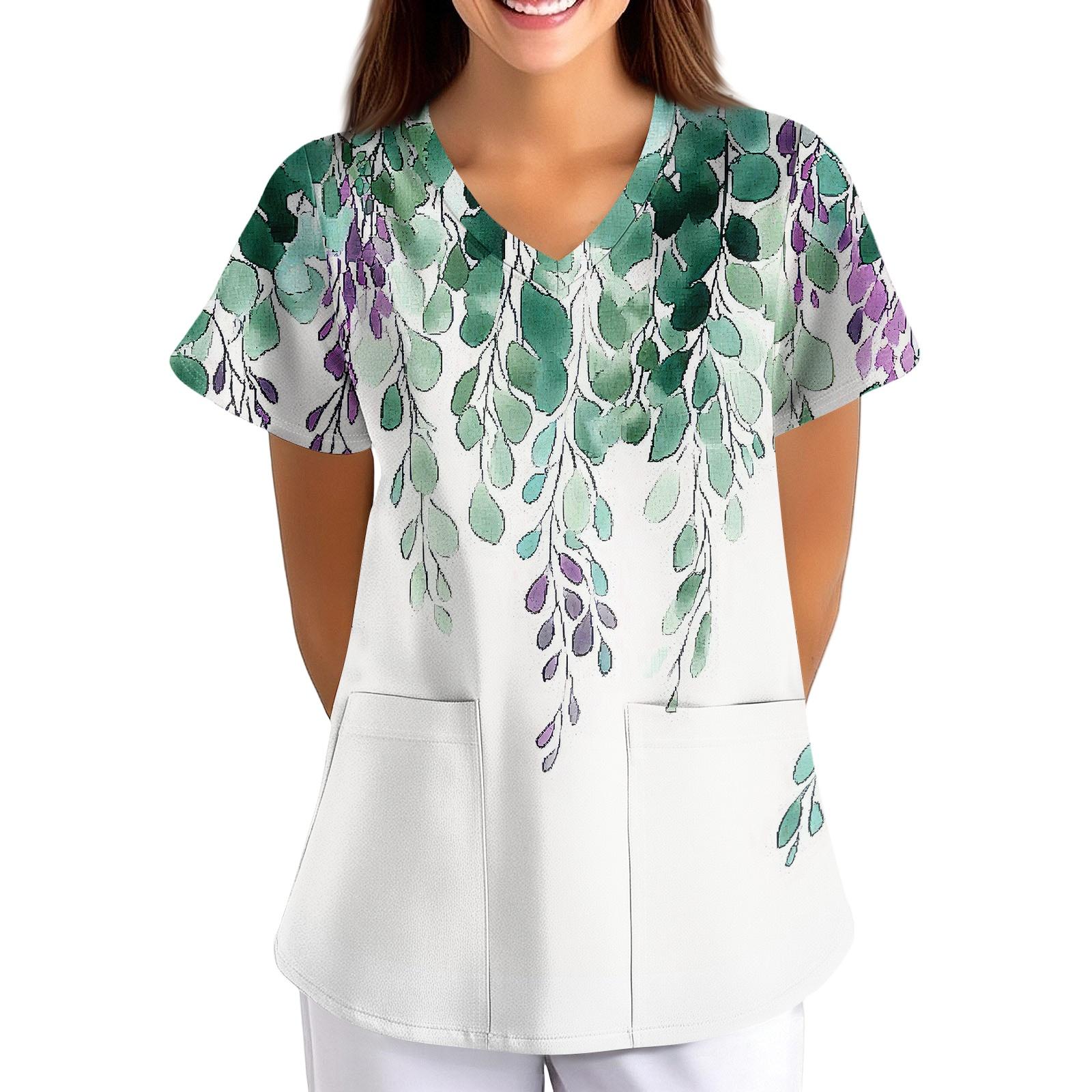 

Loose Fit V Neck Short Sleeve Medical Scrub Top with Pockets for Nurses Caregivers Floral Print Comfortable Workwear XXXXL