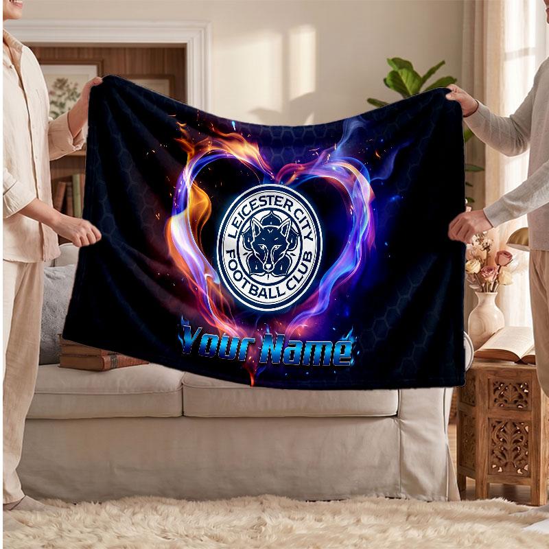 Leicester City Personalized Fleece Blanket With Football Logo, Custom Name Text Soft Warm Home Throw Blanket