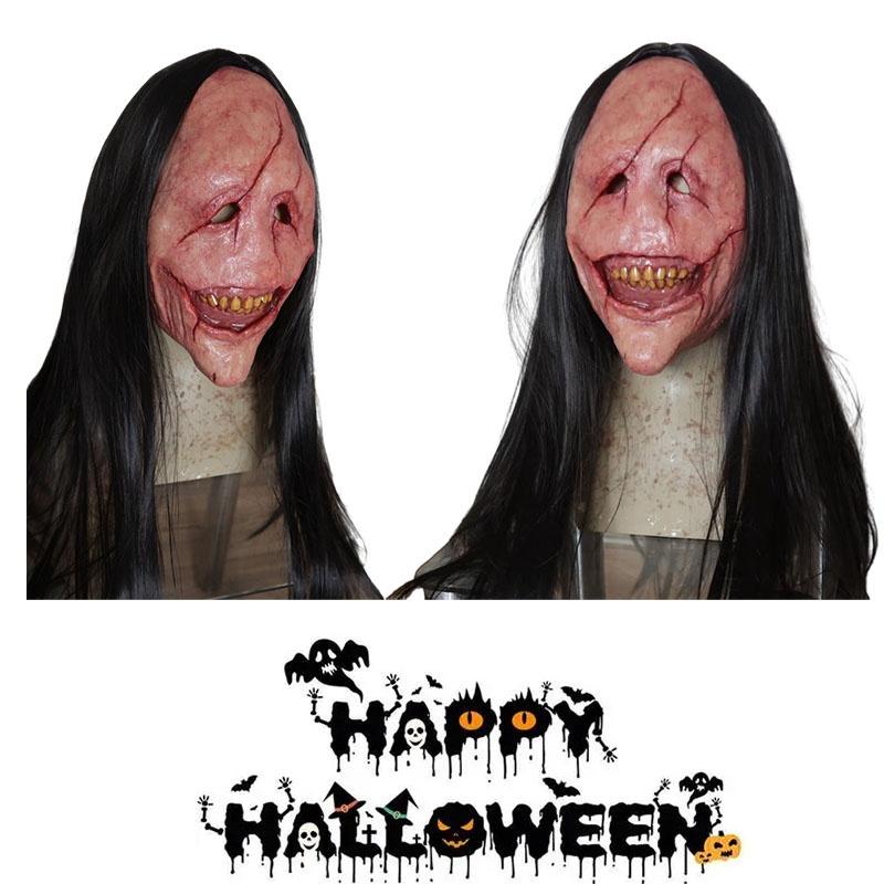 Halloween Horror Demon Mask With Long Hair Red-faced Devil Mask With Exposed Teeth
