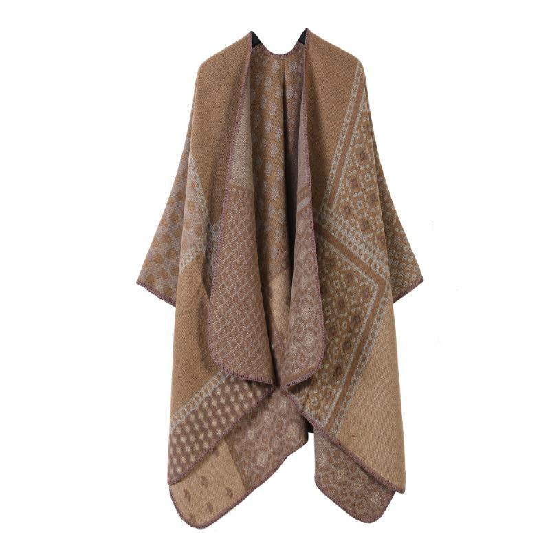 Vintage Geometric Diamond Print Open Front Poncho Cape Thick Knit Travel Blanket Wrap Shawl
