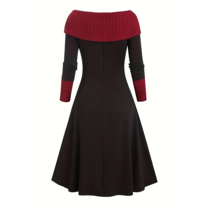 Women's Spring and Autumn One Collar Color Contrasting Dress