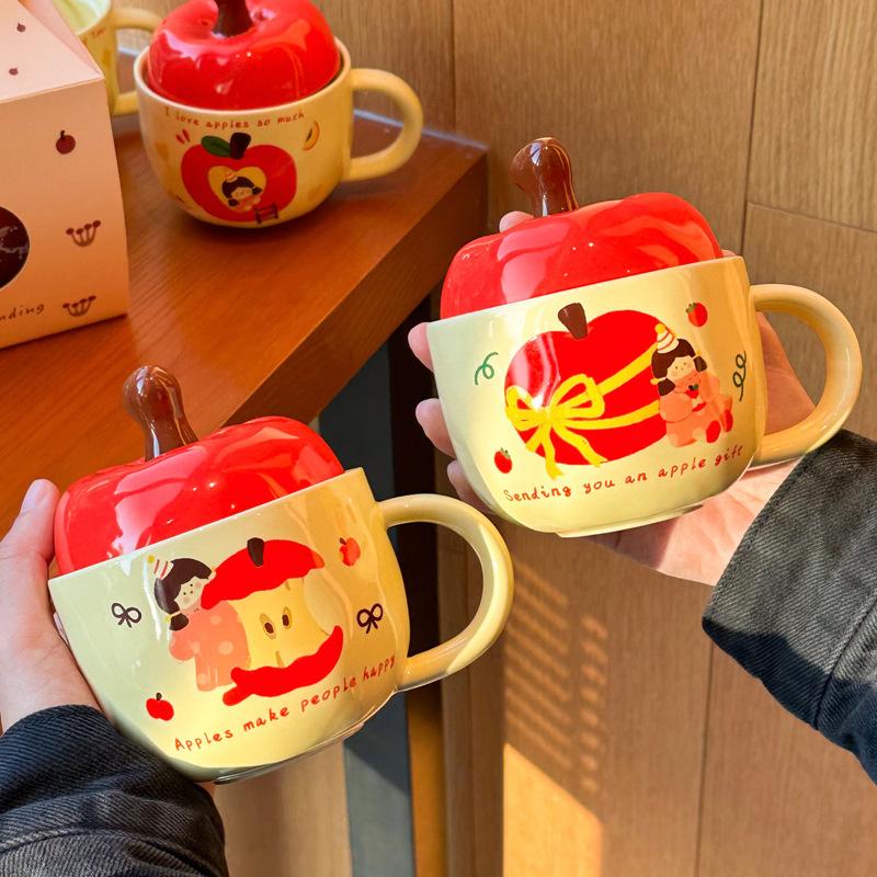 Apple Water Cup Cute Ceramic Cup Mug with Lid Spoon New Year's Birthday Gift for Girls