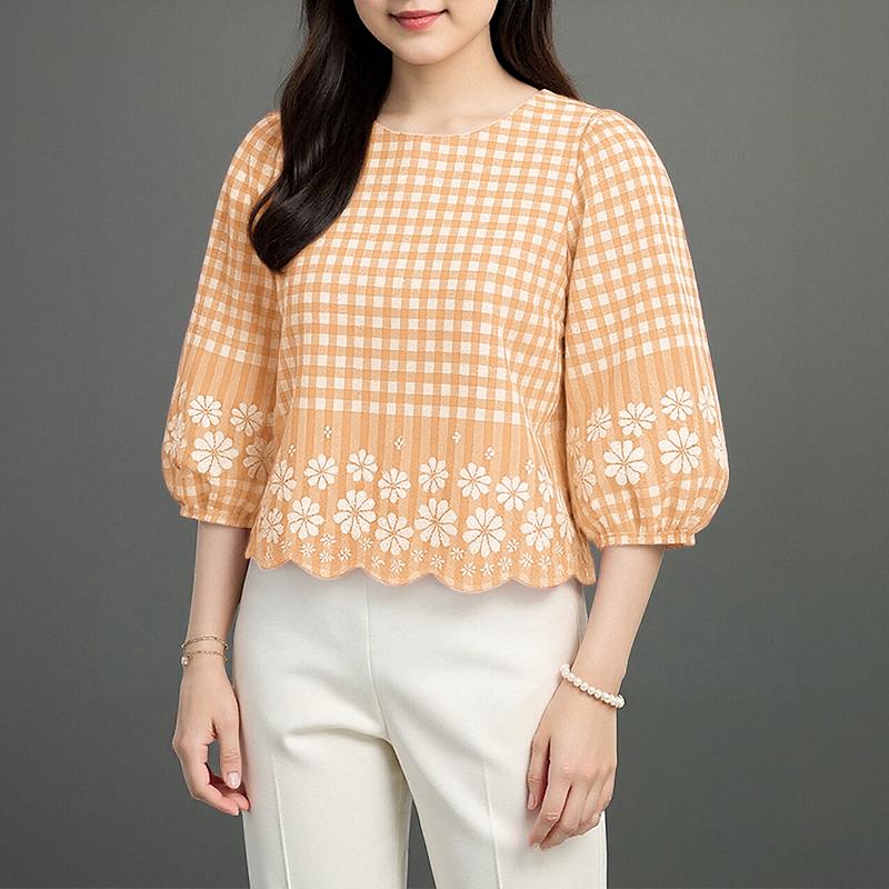 ZANZEA Women Casual Round Neck 3/4 Sleeve Loose Plaid Print Blouse