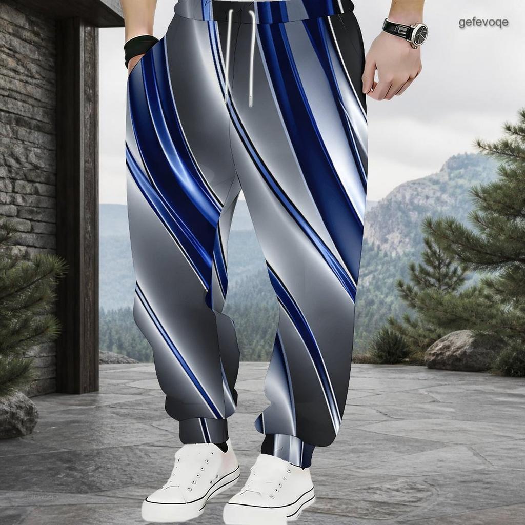 Men Plus Size Drawstring Printed Jogger Pants Teal White Black Striped Star Pattern Cuffed Ankle Side Pockets