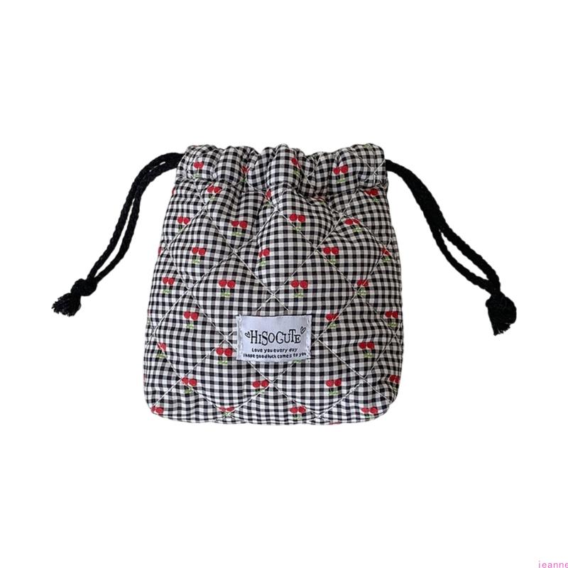 Small Cherrys Gingham Drawstring Bag For Travel Storage Organizing Small Items Portable Pouches