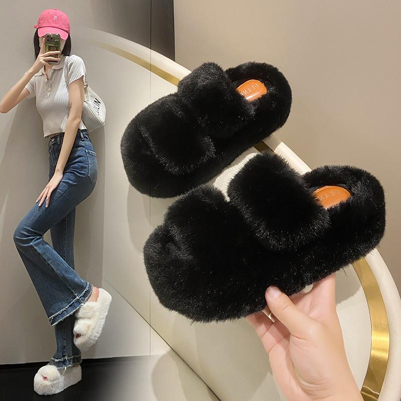 Cm Fluffy Shoes Women Wear  Internet Celebrity Explosion Autumn and Winter Go Out Thick-soled Plush Cotton Slippers
