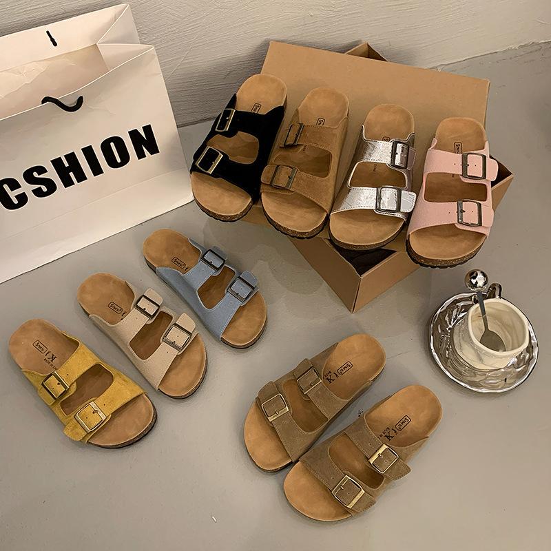 British retro one-word button slippers women's summer wear 2025 new Korean version one-word drag flats beach shoes sandals