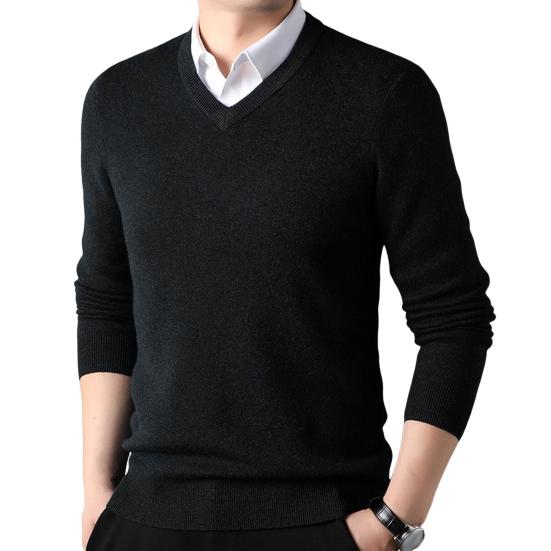 Suéter de otoño e invierno para hombre, cuello en V, tejido de color sólido, elástico, largo medio, estilo formal de negocios