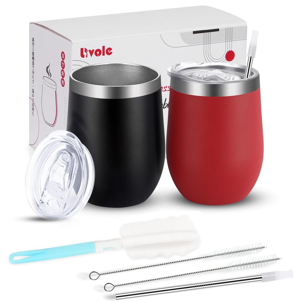 Livole Vacuum Pair Comes with Lid and Pair Couple Stainless Dishwasher Black Red Tumbler, Insulated, Insulated, Set, Straw, Tumbler, Present, Gift,
