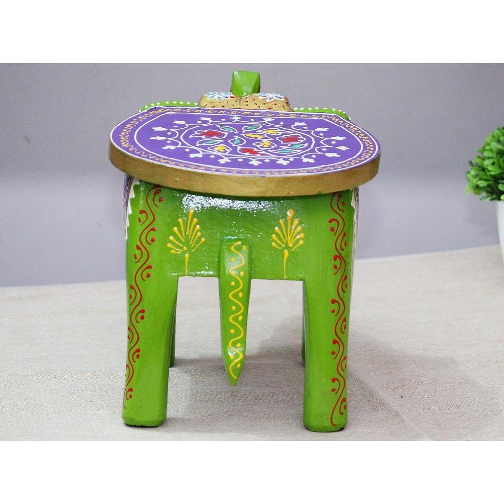 Handcrafted and Emboss Painted Colorful Wooden Elephant Stool/Side Table for Home/Office/Living or Bedroom Decor (Green)