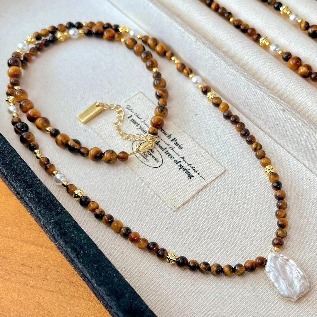

Vintage Maillard Natural Tiger S Eye Baroque Freshwater Pearl Necklace Sweater Chain