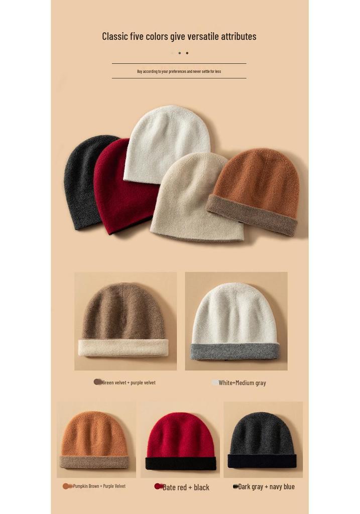 Women's 100% Pure Cashmere Double-Sided Beanie - Warm, Versatile Knit Hat for Autumn/Winter
