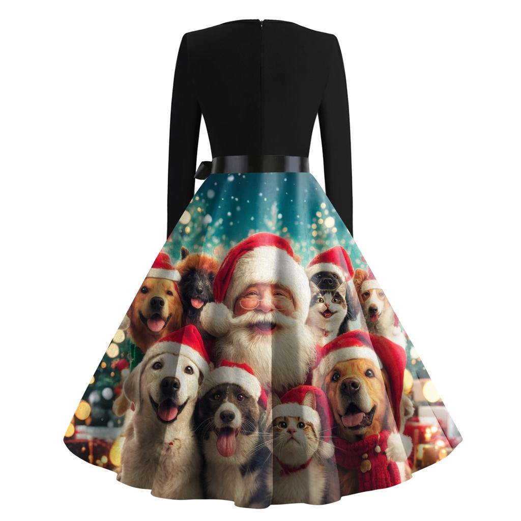 Women's Fashion Retro Long-sleeved Square Collar Christmas Printed Evening Dress