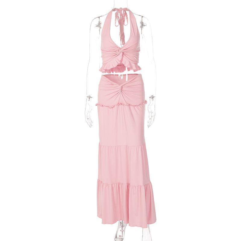 Fashion Style Sexy Sexy Fashion Suit Women's V Neck Halter Spaghetti Straps Vest High Waist Stitching Long Skirt Two-piece Set