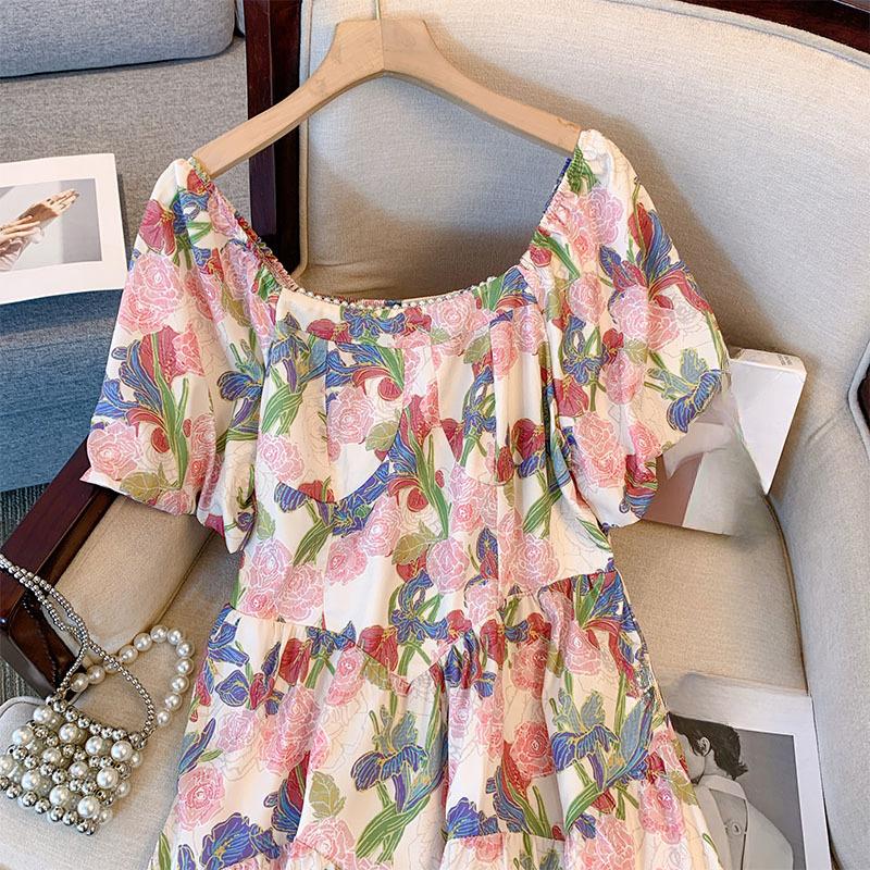 Plus  Size Women's Summer New Line Neck Waist Floral Dress