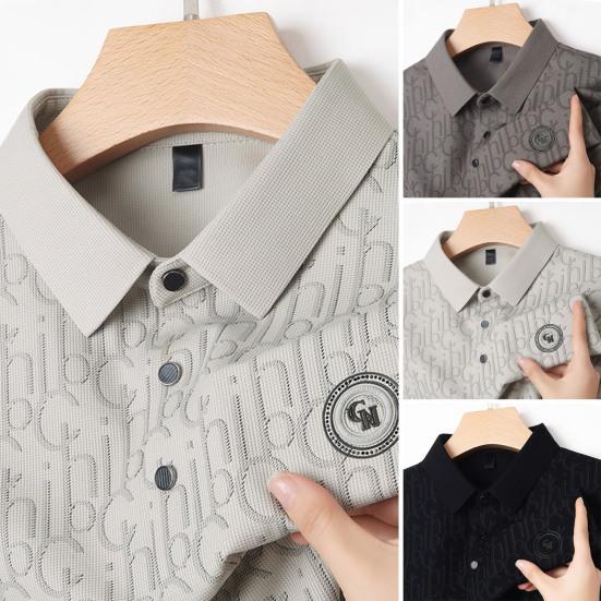 

Summer Men Top Turn-down Collar Short Sleeve Slim Fit Letter Applique Button Stretchy Casual Daily Formal Business XL коричневый