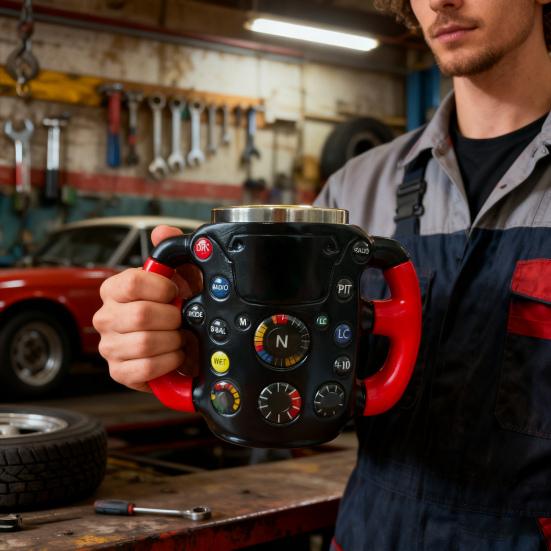 Ceramic Coffee Mug Racing Steering Wheel Pattern Ergonomic Handle Mug Non-Slip Bottom Coffee Cup Christmas Present