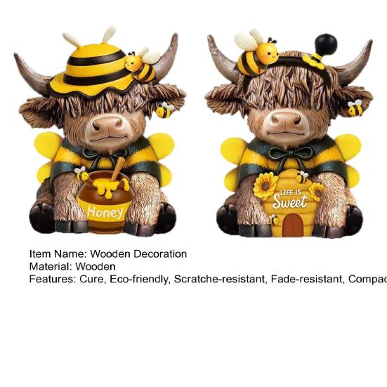 2Pcs Wooden Bee Highland Cow Figurine Hand Painted Resin Decoration for Home Table Windowsill Spring Pastoral Style Party Ornament Gift